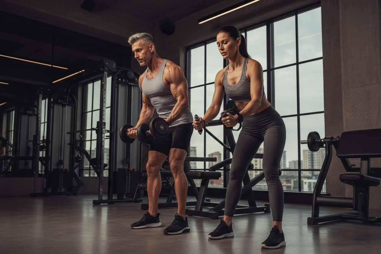 Fit man and woman in their 40s training in a modern gym — supporting lean muscle, recovery, and natural energy with HGH support supplements