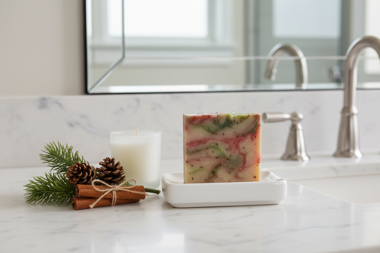 Holiday Cheer Natural Soap - Tasteful Holiday Bathroom Setting