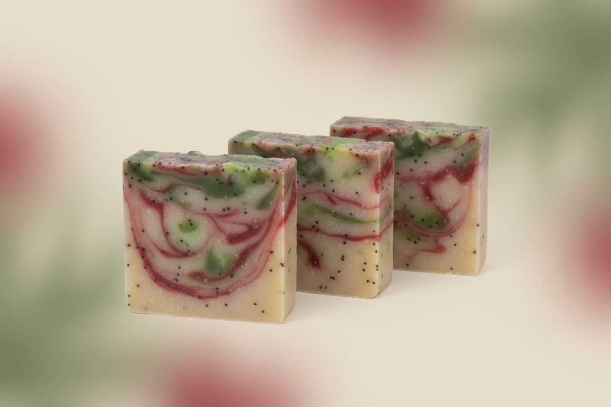 3 bars of Holiday Cheer Natural Soap  with a muted red & green backdrop