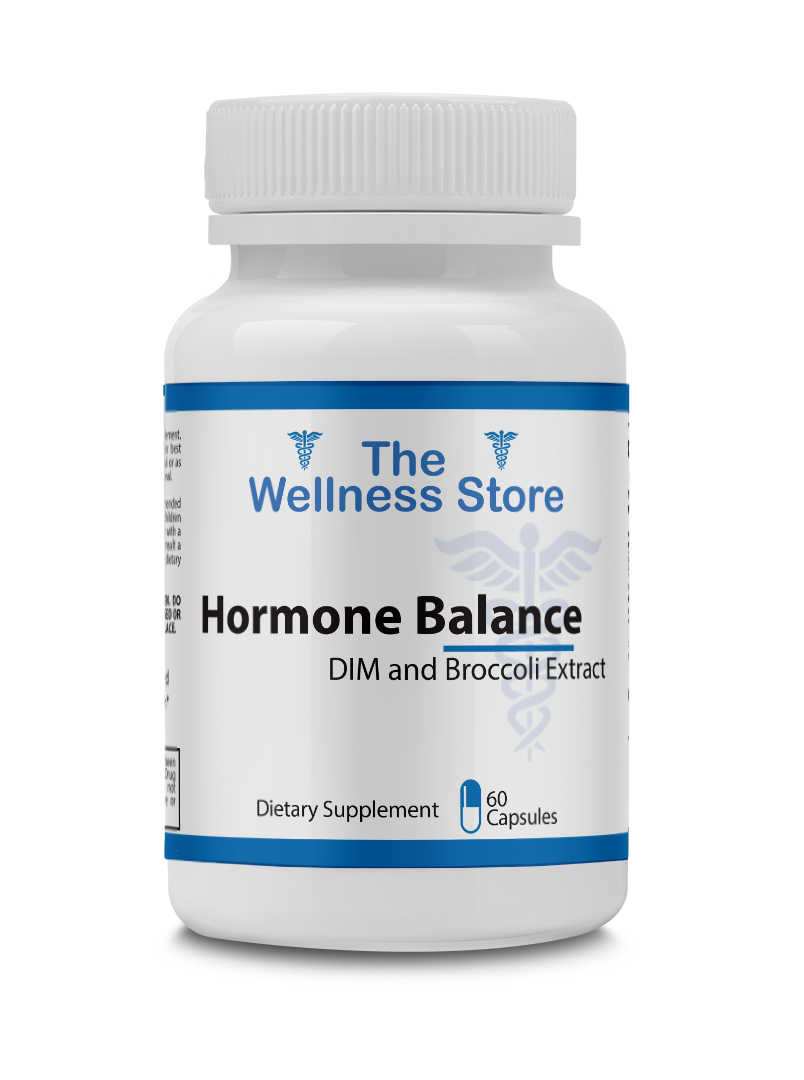 Supplement bottle labeled 'Hormone Balance' from The Wellness Store on a white background