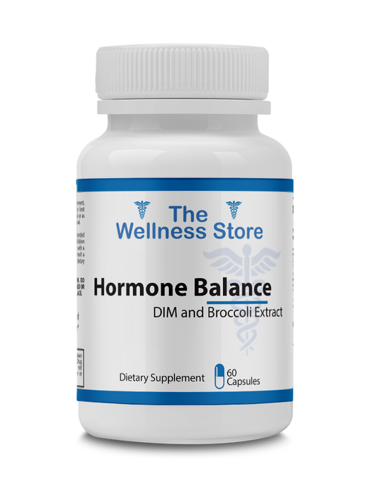 Supplement bottle labeled 'Hormone Balance' from The Wellness Store on a white background