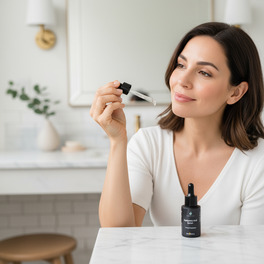 Hyaluronic Acid with a woman with beautiful skin in the background