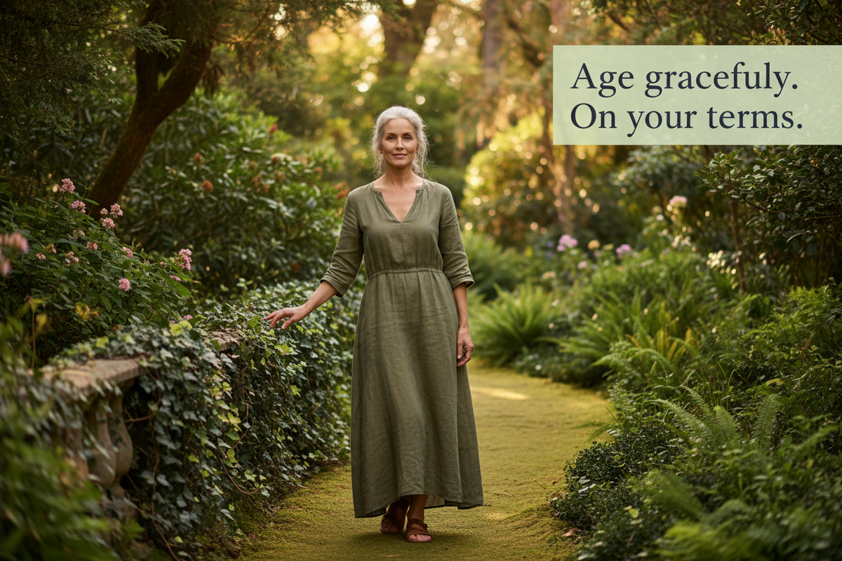 Serene woman in nature with text "Age gracefully. On your terms." — Hydrolyzed Collagen Peptides by The Wellness Store