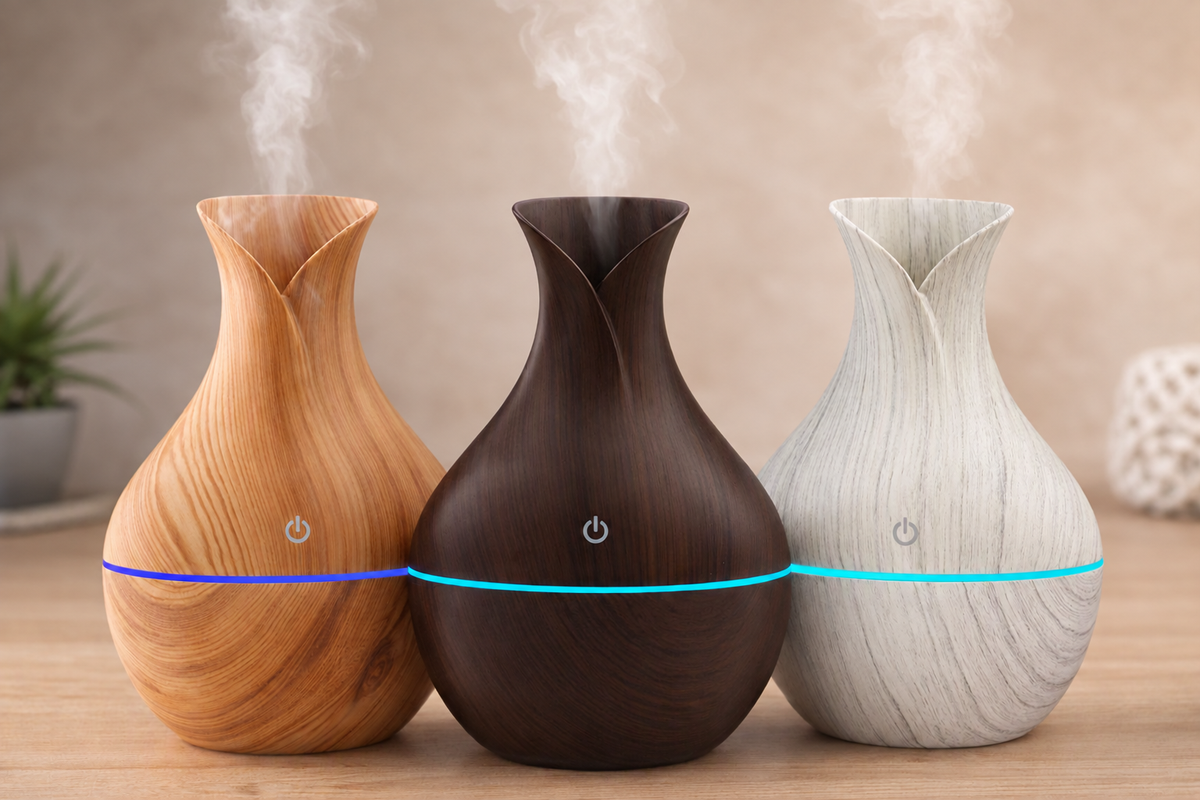 Petal-shaped ultrasonic aroma diffusers in light wood, dark wood, and marble finishes, releasing a soft mist
