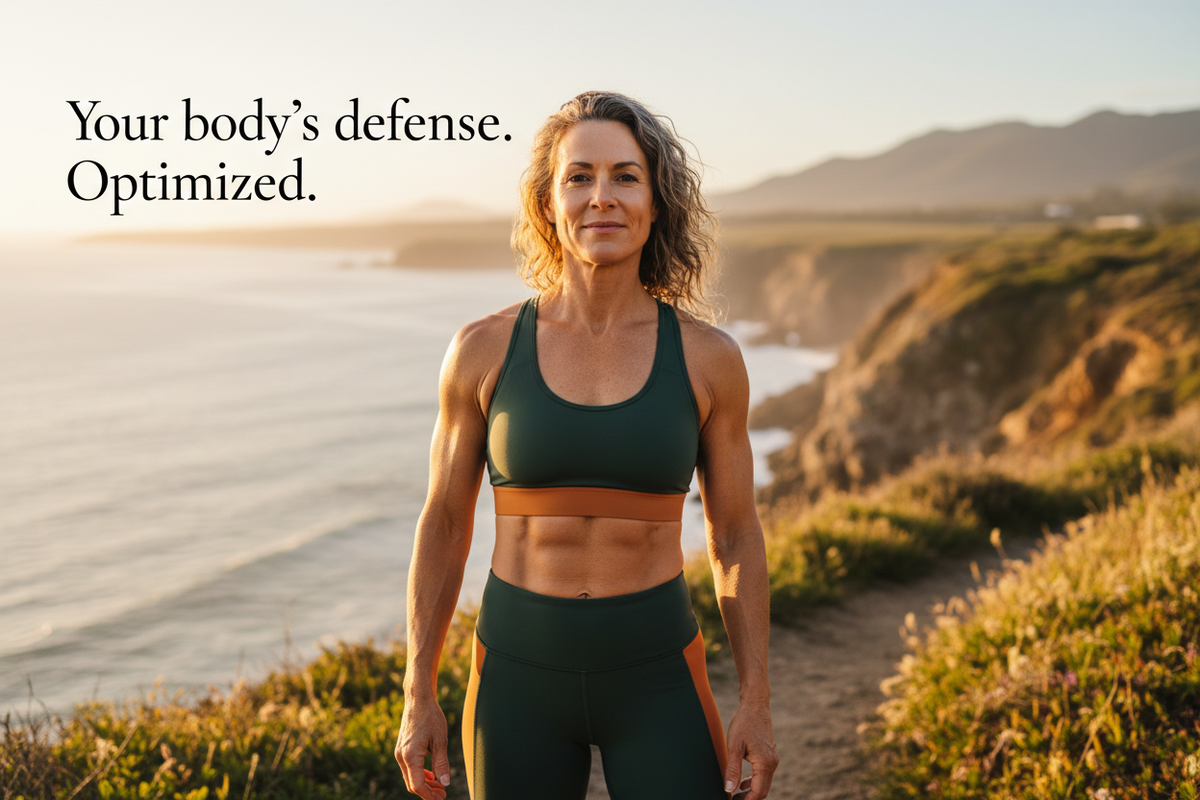 Vibrant, healthy person outdoors in golden light with text "Your body's defense. Optimized." — Immune Support Comprehensive Immune Defense Formula by The Wellness Store