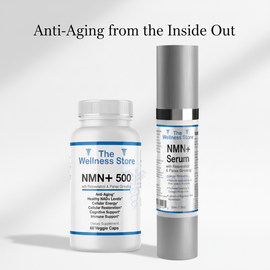 Inside-Out Longevity Bundle featuring NMN 500+ supplement and NMN+ Serum for comprehensive anti-aging