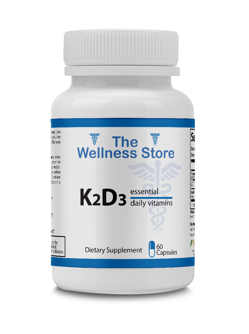 Supplement bottle labeled 'K2D3' from 'The Wellness Store' on a white background