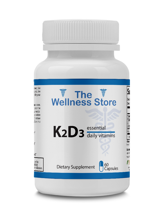 Supplement bottle labeled 'K2D3' from 'The Wellness Store' on a white background