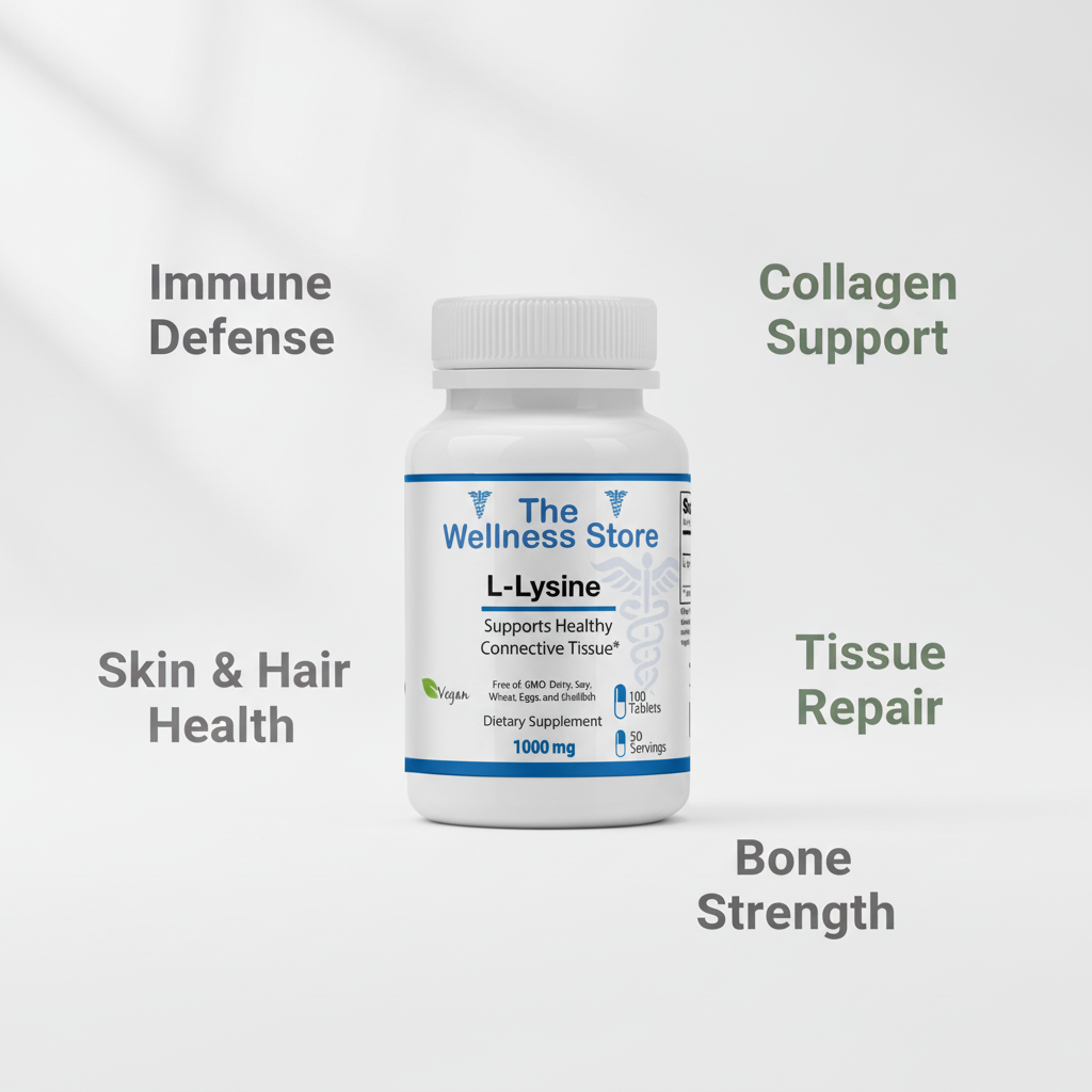 L-Lysine 1000mg supplement for immune defense, collagen support, skin and hair health, tissue repair, and bone strength benefits