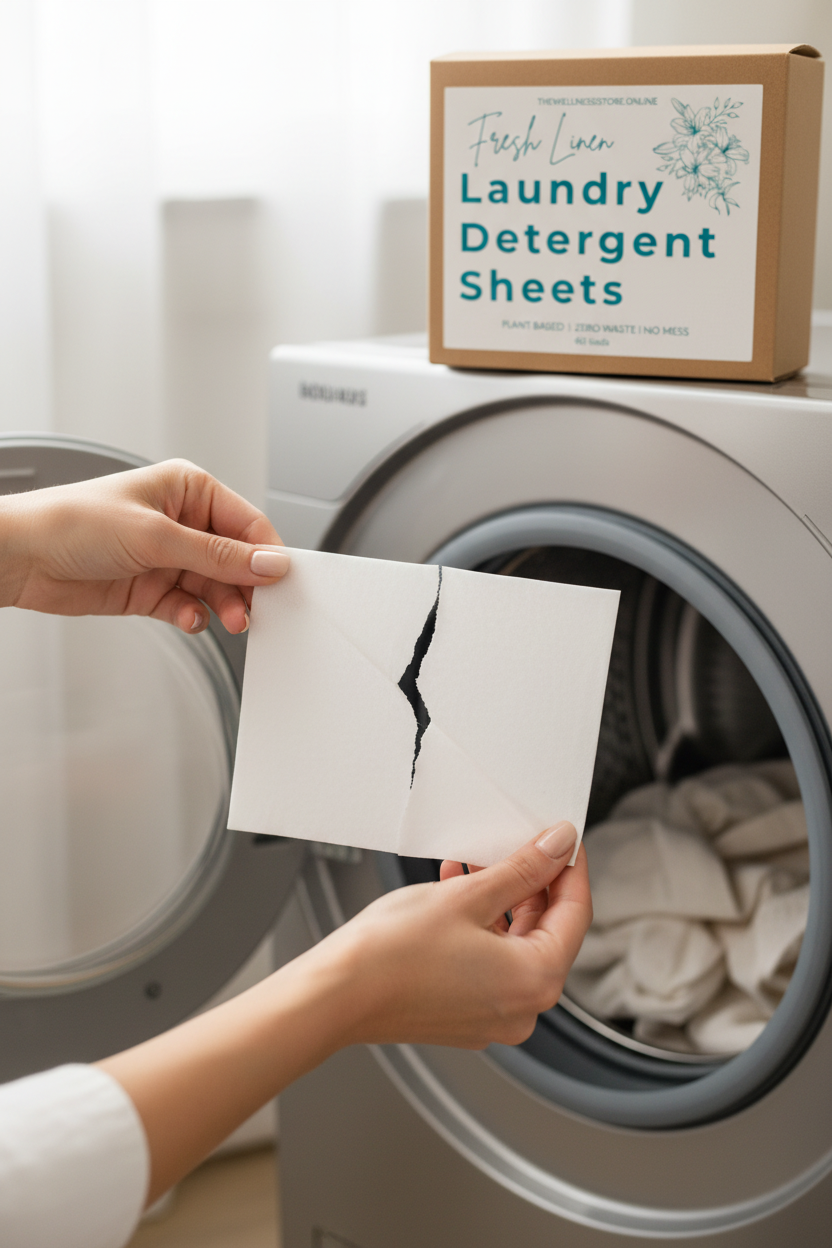 Woman tearing a Fresh Linen natural laundry detergent sheet in front of a modern washing machine with branded packaging