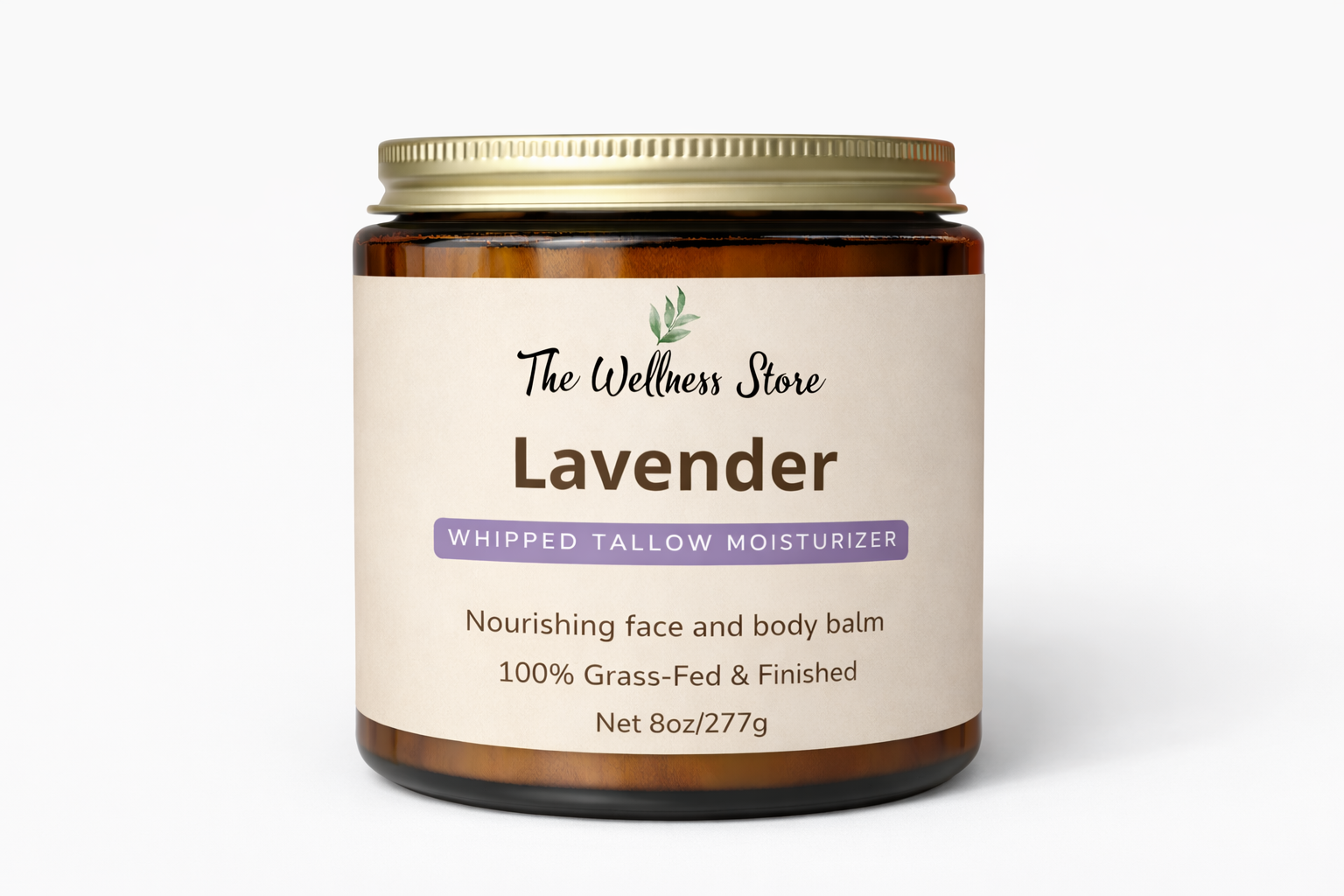 Lavender whipped tallow moisturizer jar from The Wellness Store on a white background
