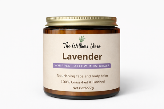 Lavender whipped tallow moisturizer jar from The Wellness Store on a white background