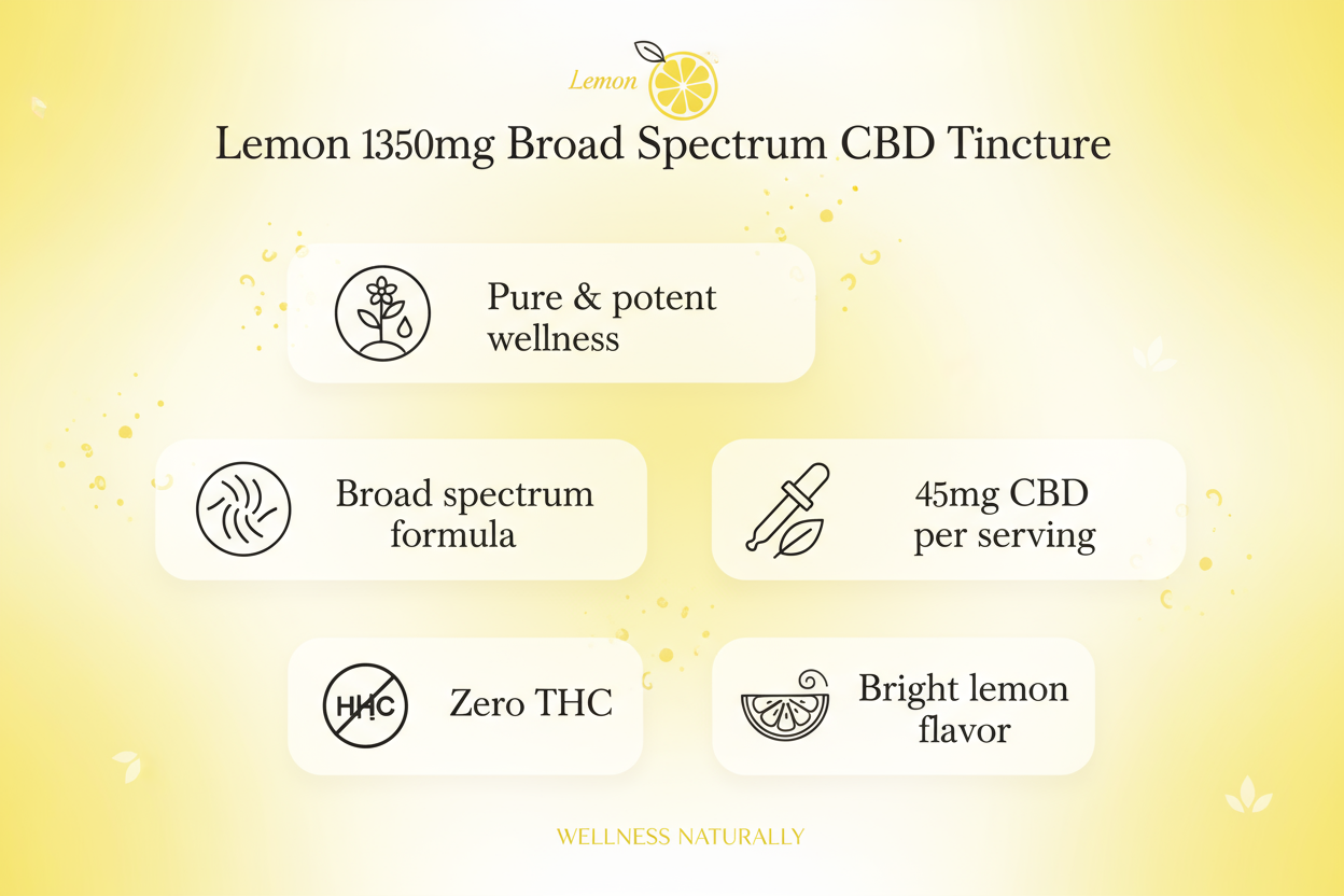 Lemon CBD tincture product benefits on a yellow background