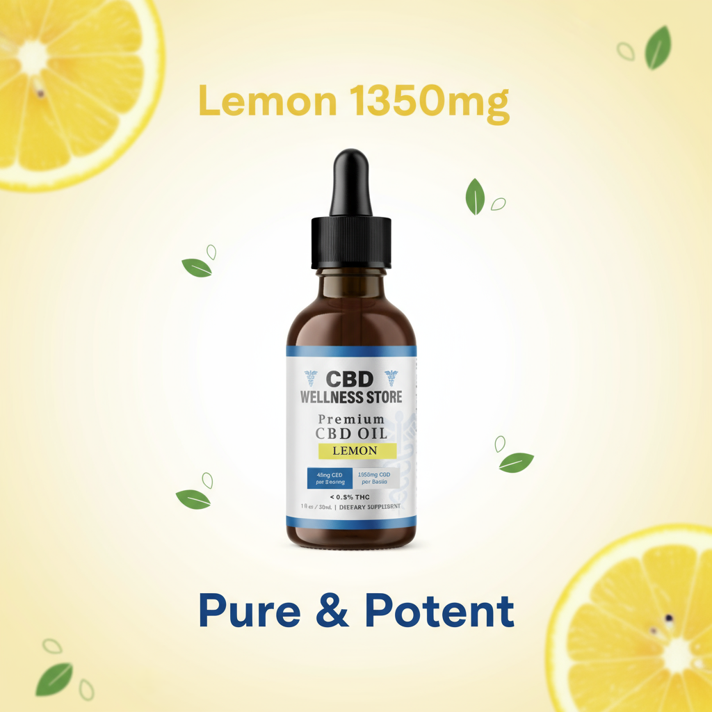 CBD Wellness Store lemon-flavored CBD oil bottle with text on a yellow background