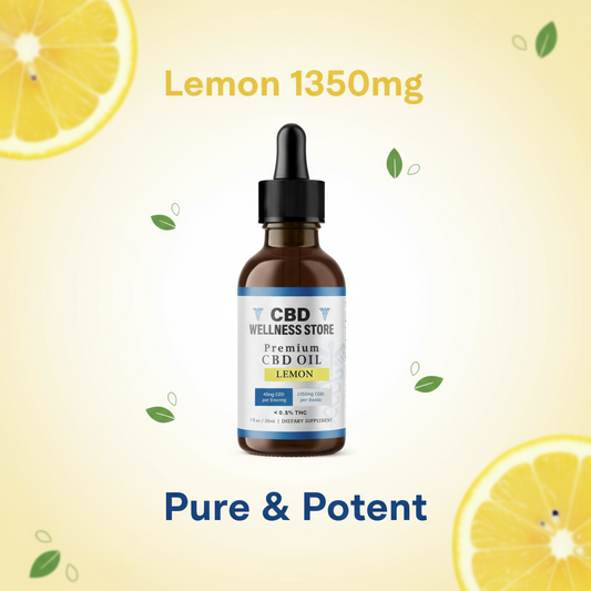 CBD Wellness Store lemon-flavored CBD oil bottle with text on a yellow background