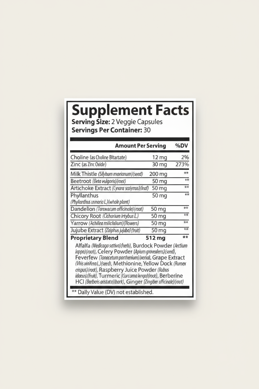 Liver Support Supplement facts label on a white background