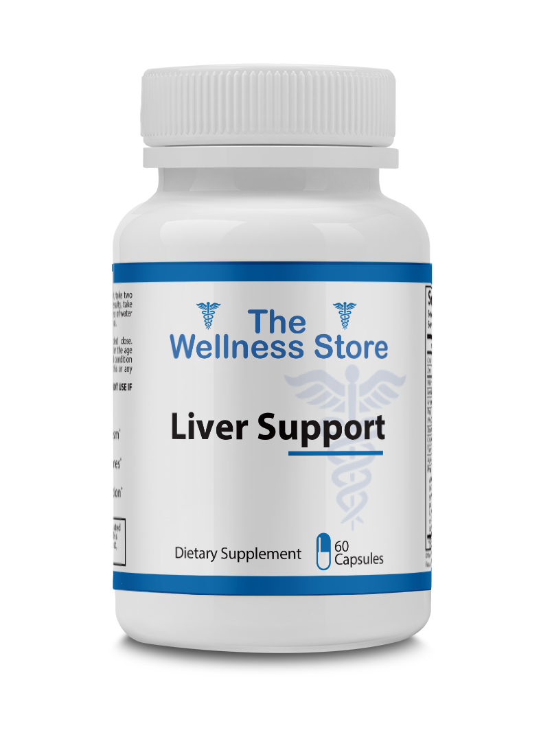 Supplement bottle labeled 'Liver Support' from 'The Wellness Store' on a white background