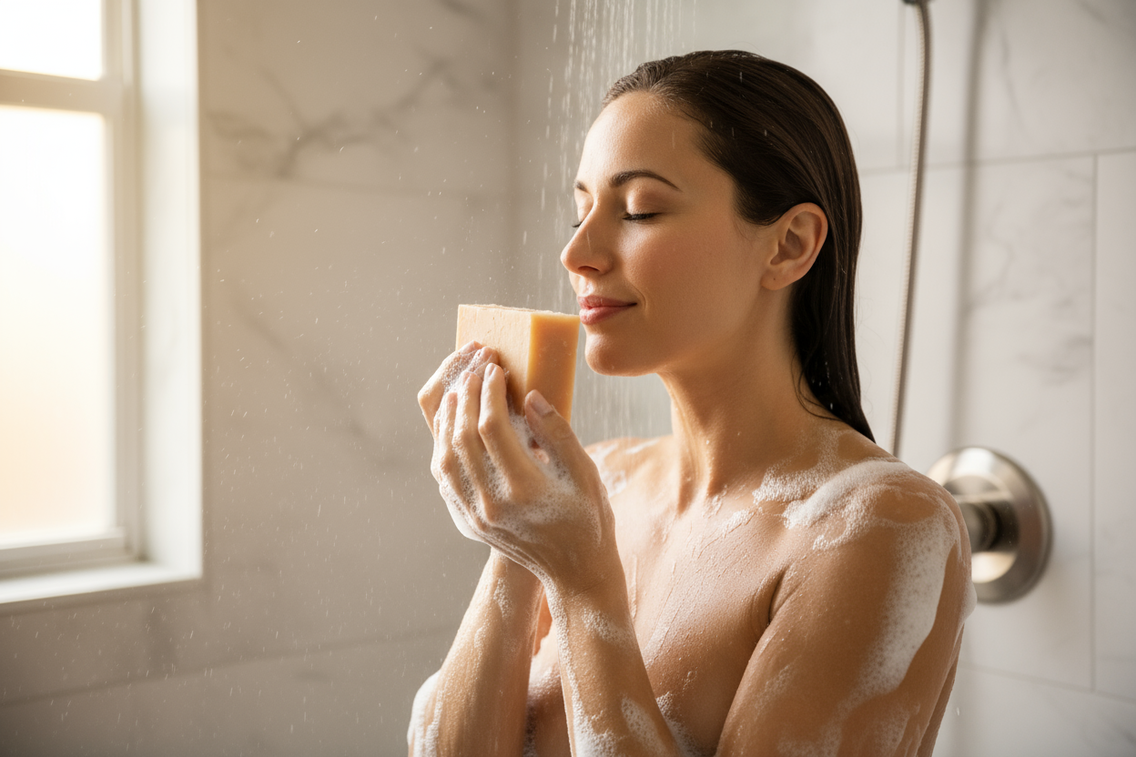 Orange Lemongrass Goat Milk Soap - Woman Smelling Soap in Shower