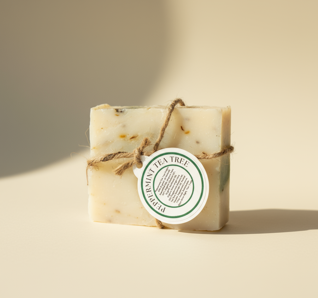 Peppermint Tea Tree Natural Soap - Cream Background Natural Lighting