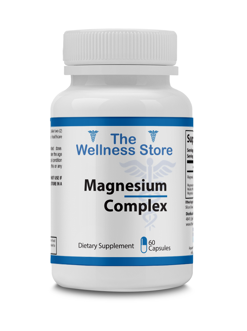 Bottle of Magnesium Complex supplement from The Wellness Store on a white background