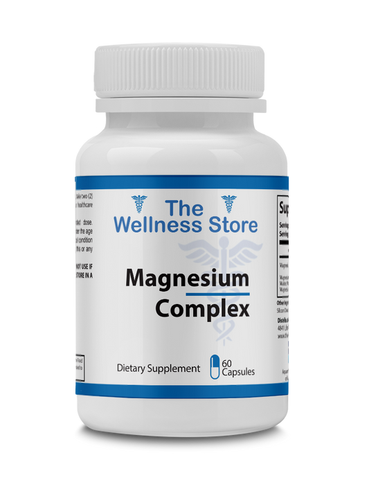 Bottle of Magnesium Complex supplement from The Wellness Store on a white background