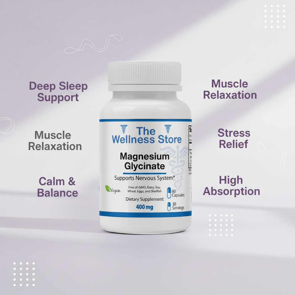 Magnesium Glycinate 400mg supplement for deep sleep support, muscle relaxation, and stress relief