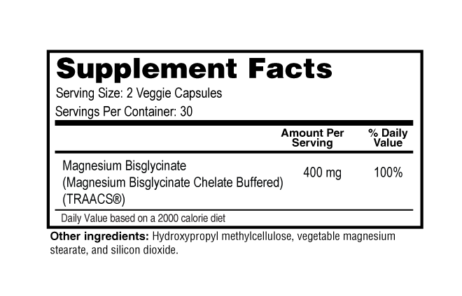 Supplement facts label with magnesium bisglycinate content on a white background