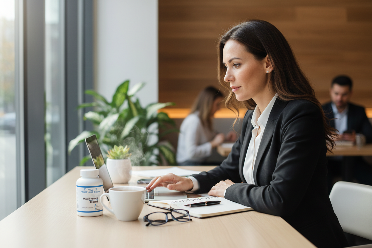 Focused professional using Mushroom Blend supplement for mental clarity and natural energy