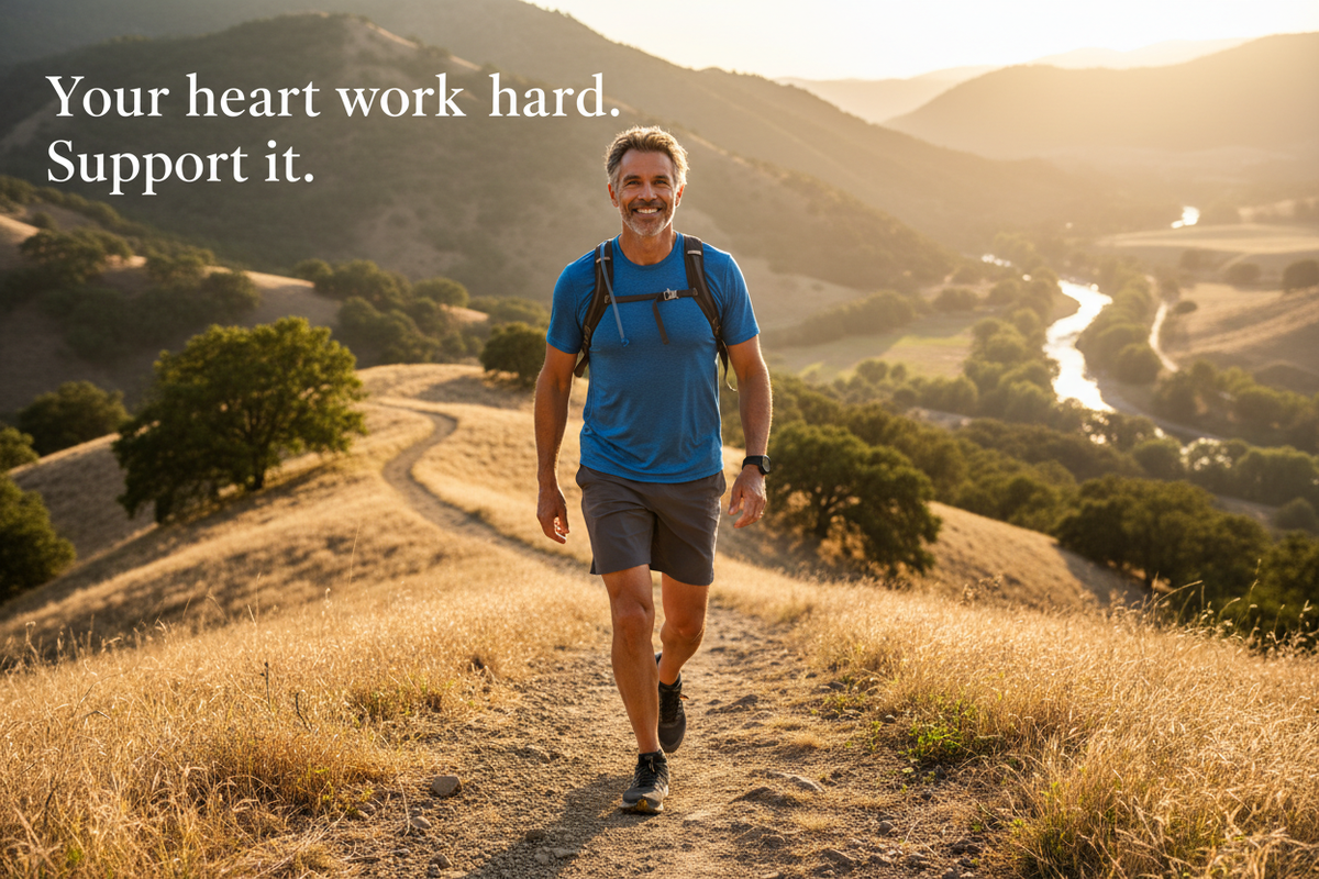Fit vibrant man in his 50s outdoors hiking in nature with text "Your heart works hard. Support it." — Nattokinase 2000 FU Blood Flow and Cardiovascular Health supplement by The Wellness Store