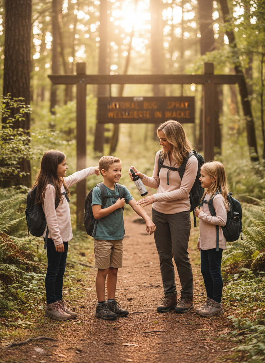 Natural Bug Defense Spray - Mom Spraying Kids for Hiking