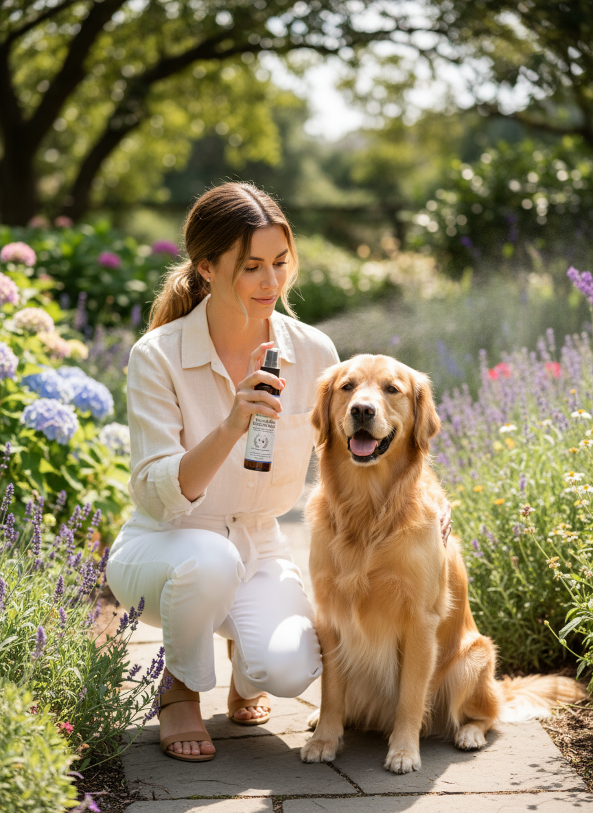 Natural Bug Defense Spray - Spraying on Dog