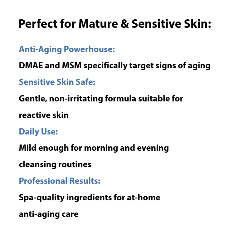 Text describing product features for mature and sensitive skin on a white background