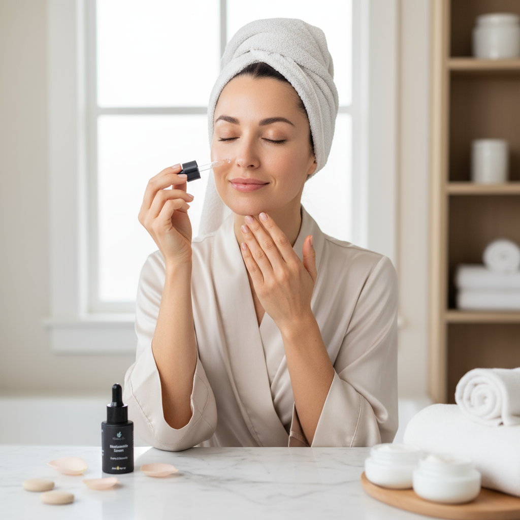 Niacinamide Serum being applied by a beautiful woman