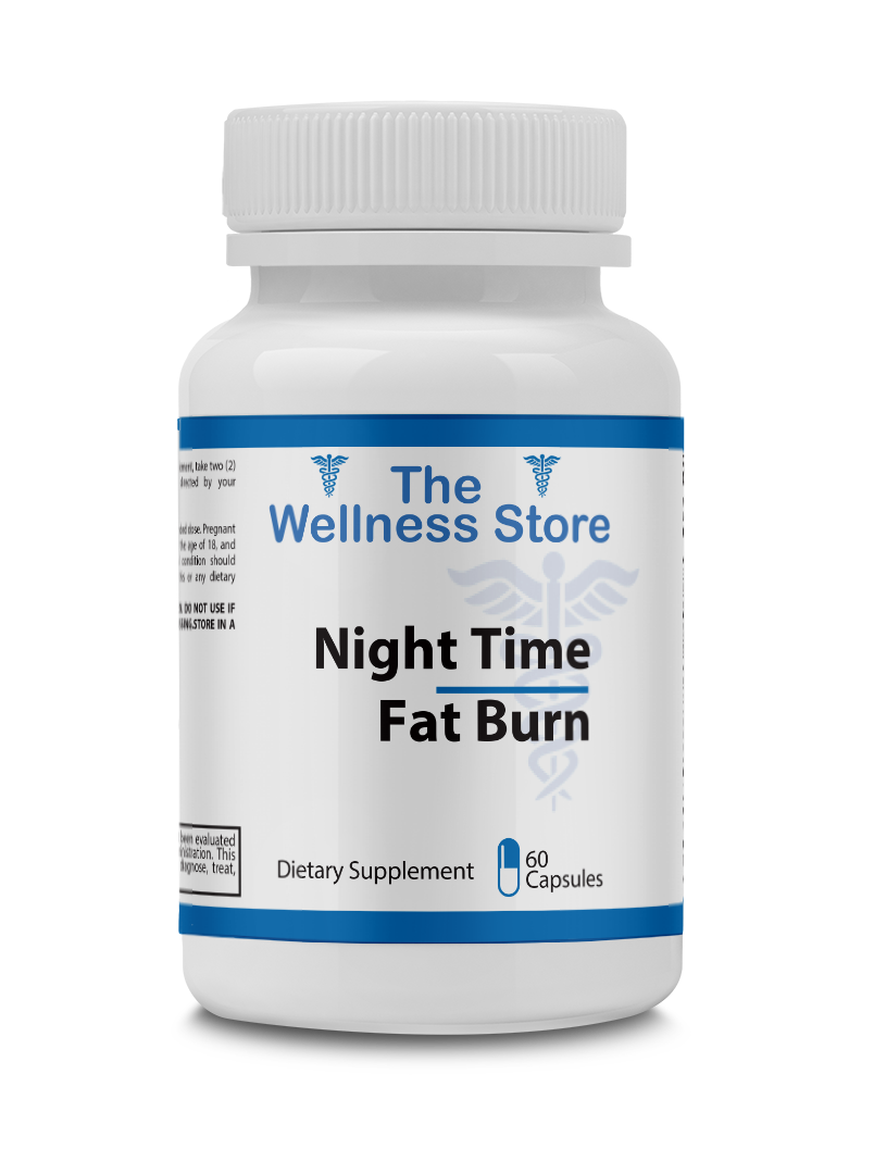 Supplement bottle labeled 'Night Time Fat Burn' from 'The Wellness Store' on a white background