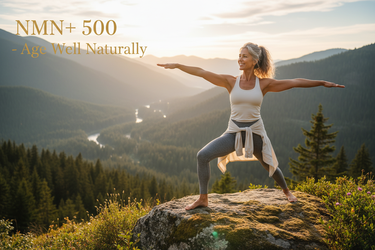 NMN+ 500 - Age Well Naturally - vibrant mature adult enjoying active healthy lifestyle