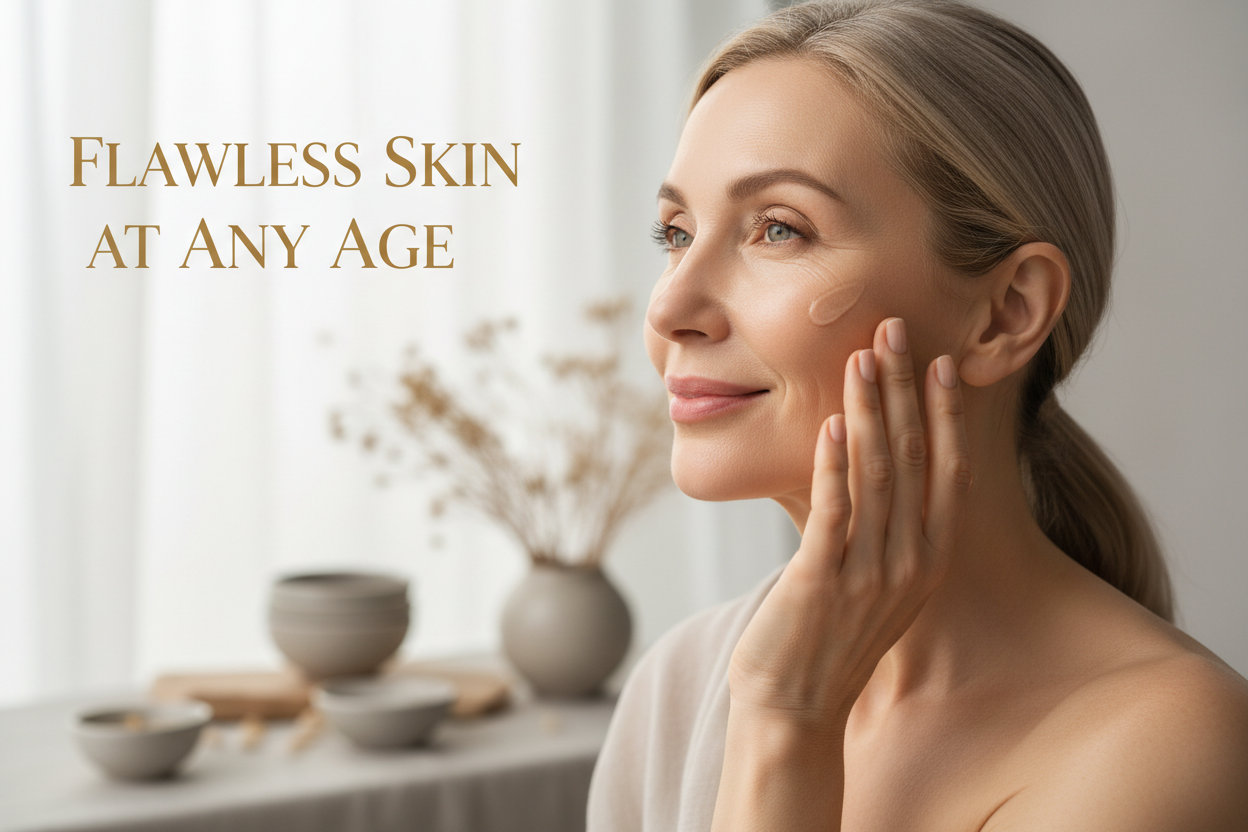 Flawless skin at any age - elegant mature woman with radiant complexion applying anti-aging serum