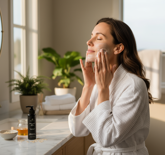 Oats & Honey Cleanser being applied to sensitive skin