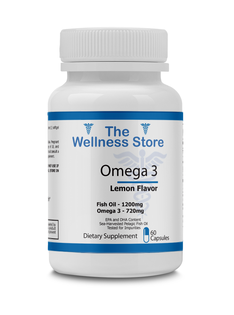 Omega 3 supplement bottle from The Wellness Store on a white background