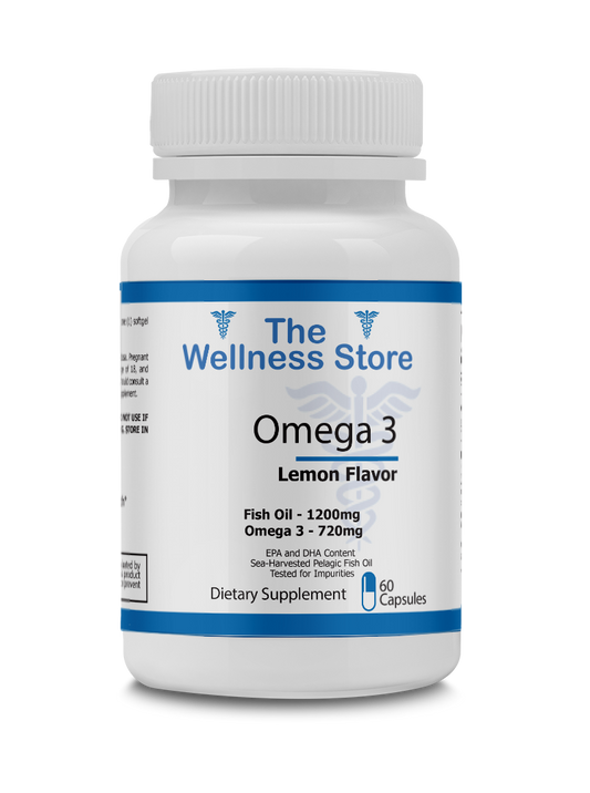 Omega 3 supplement bottle from The Wellness Store on a white background