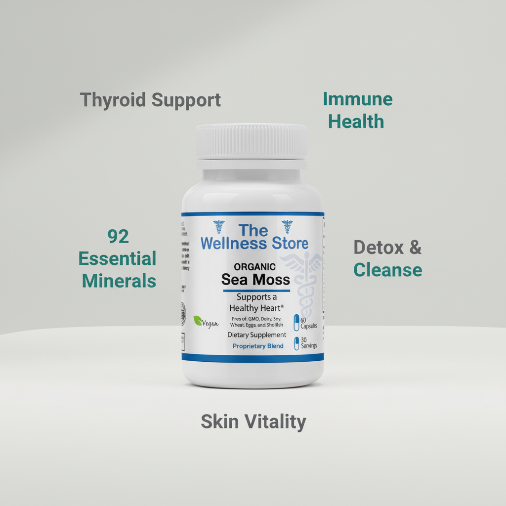 Organic Sea Moss Complex with Irish Moss, Bladderwrack, and Burdock Root for thyroid support, 92 minerals, and immune health benefits