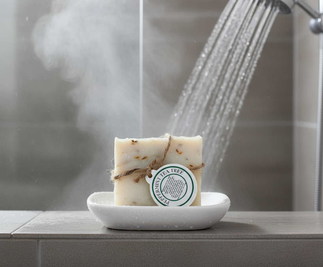 Peppermint tea tree soap in a shower setting