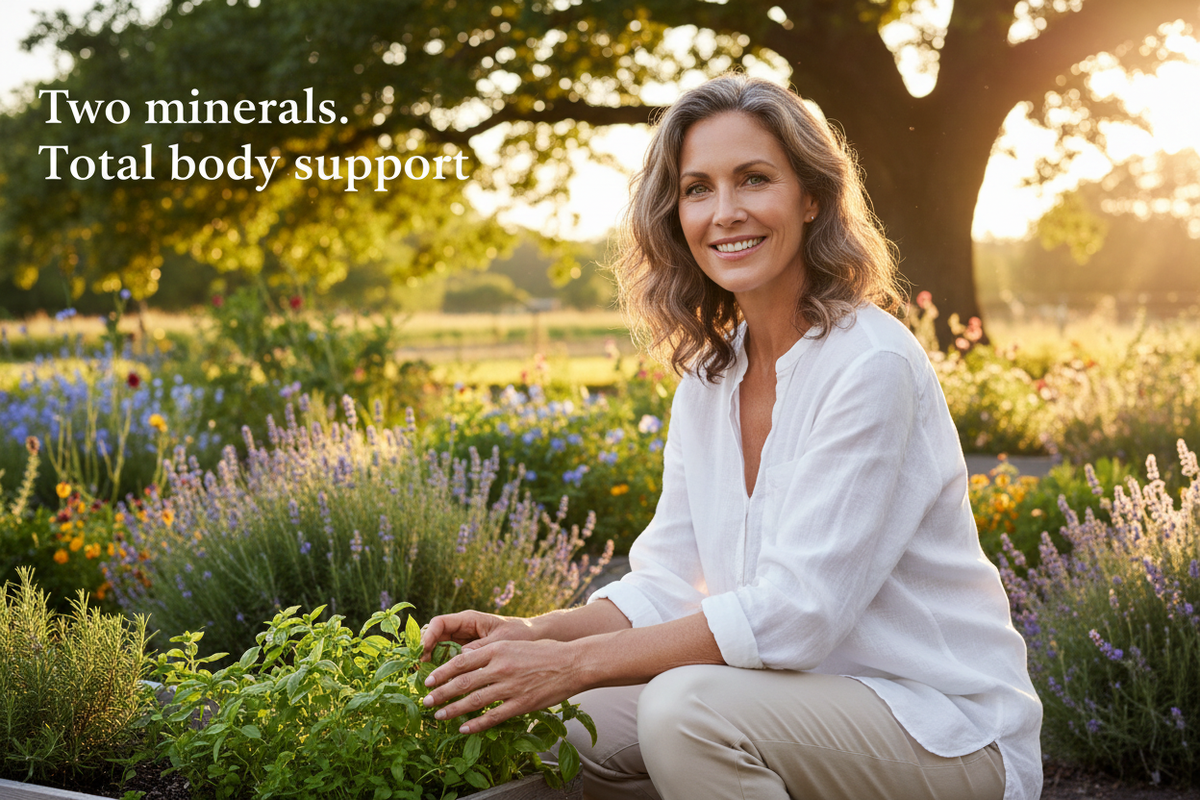 Vibrant healthy woman in her 50s outdoors in warm natural light with text "Two minerals. Total body support." — Potassium with Iodine Muscle and Nerve Health supplement by The Wellness Store