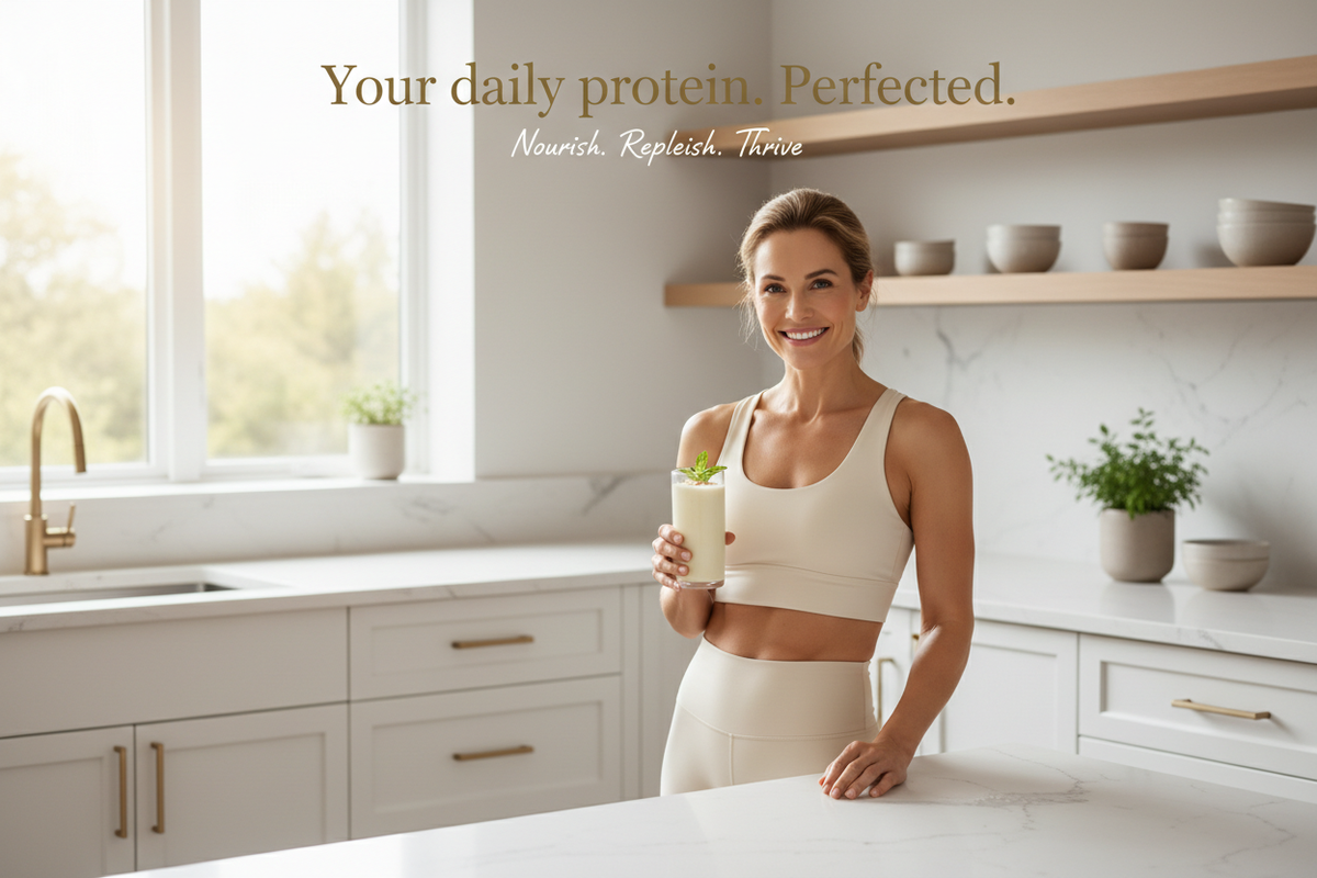 Fit woman in bright modern kitchen with perfectly styled vanilla protein shake and text "Your daily protein. Perfected." — Premium Whey Protein Powder Vanilla with Digestive Enzymes by The Wellness Store


