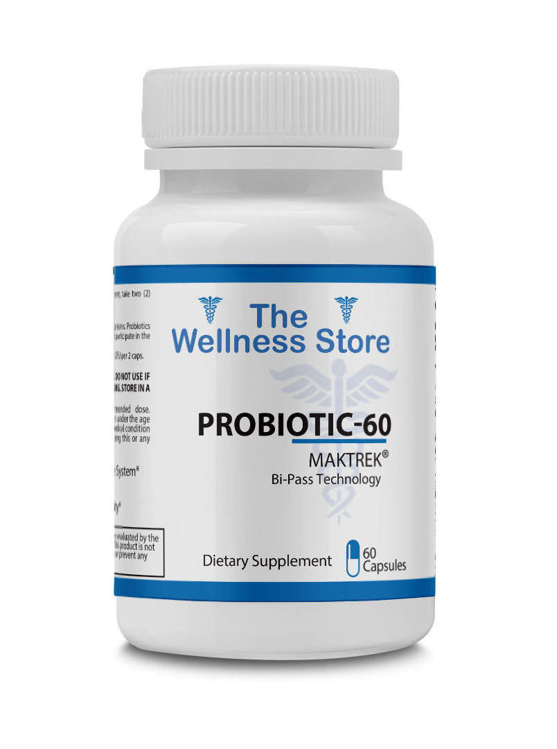 Probiotic supplement bottle labeled 'The Wellness Store Probiotic-60' on a white background