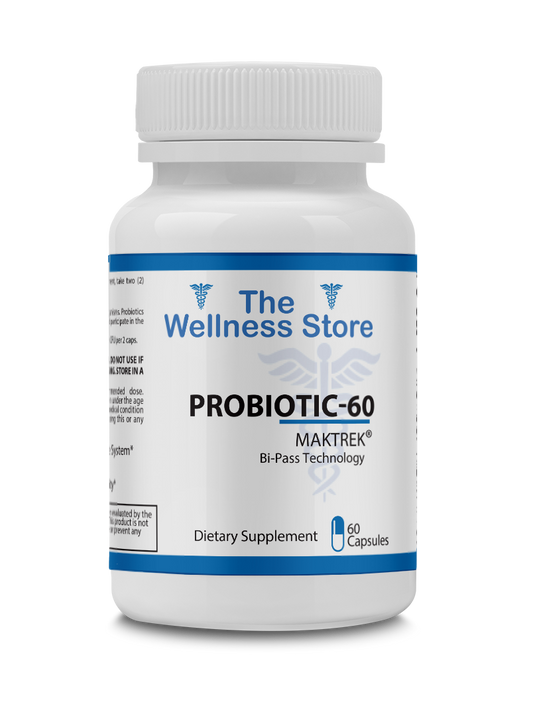 Probiotic supplement bottle labeled 'The Wellness Store Probiotic-60' on a white background