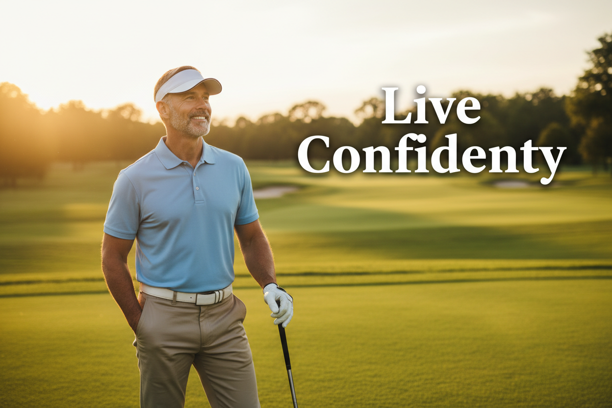 Prostate Gold - Live confidently - mature man enjoying active lifestyle on golf course