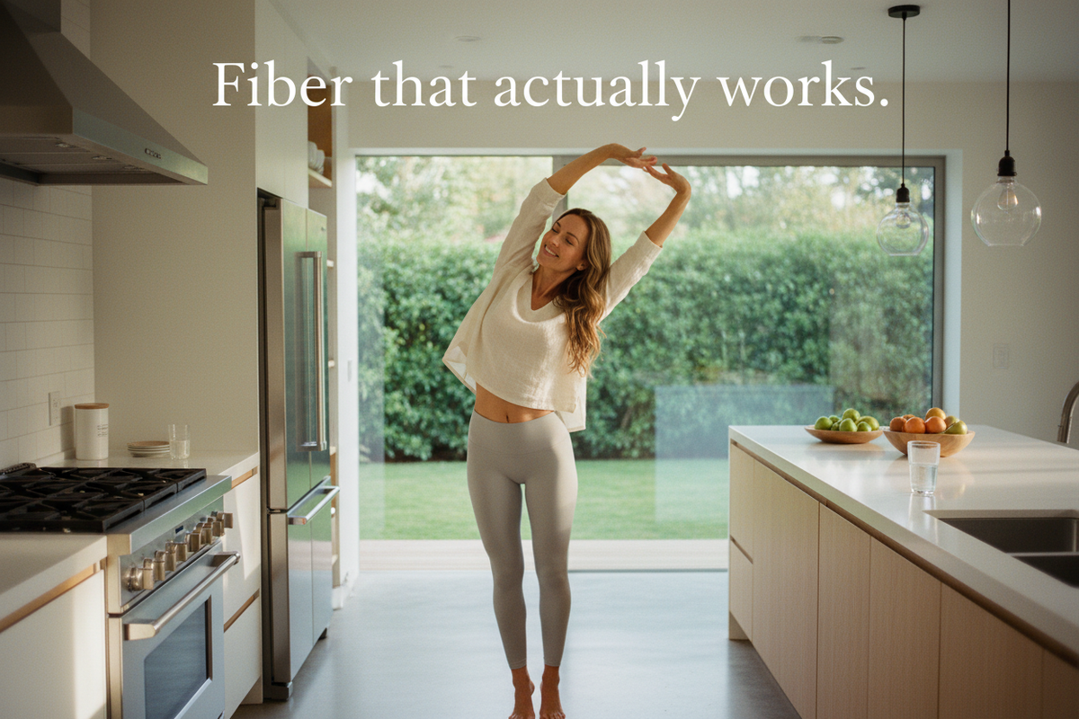 Fit radiant woman in bright clean setting looking lean and energized with text "Fiber that actually works." — Psyllium Husk Supreme Fiber and Weight Loss Support Formula by The Wellness Store