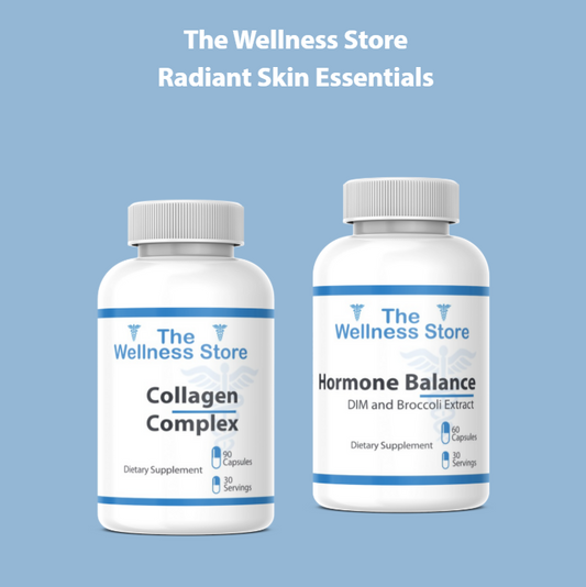 Two bottles of 'The Wellness Store' dietary supplements on a blue background