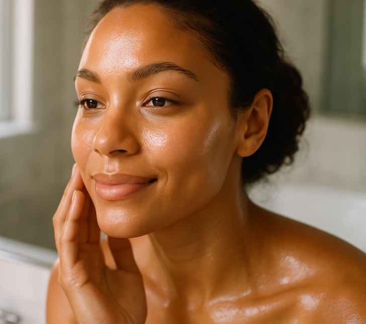 Woman with a radiant skin finish in a bathroom setting