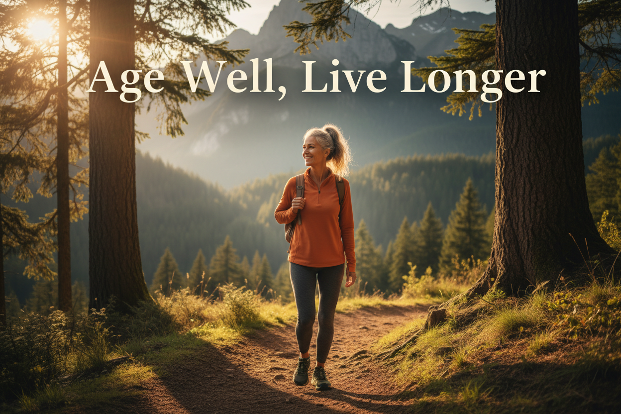 Resveratrol 600mg - Age well, live longer - vibrant mature adult hiking with youthful energy